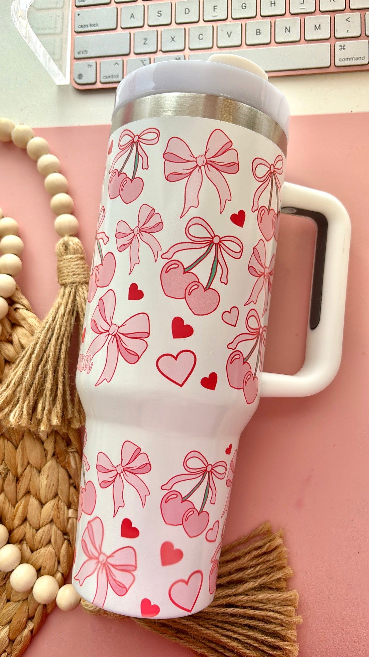 Coquette Bows and Cherries 40oz Glow In the Dark tumbler with handle
