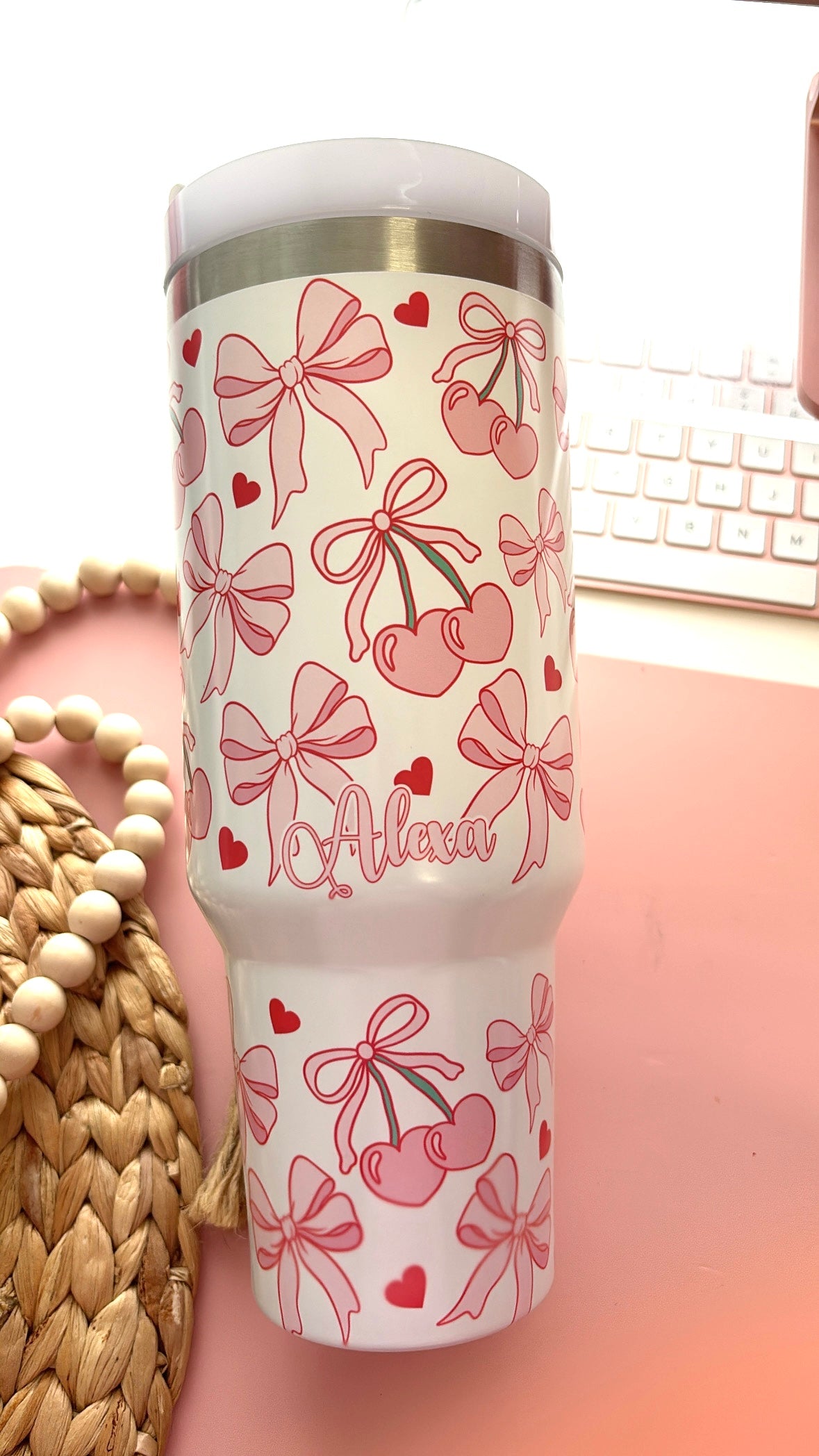 Coquette Bows and Cherries 40oz Glow In the Dark tumbler with handle