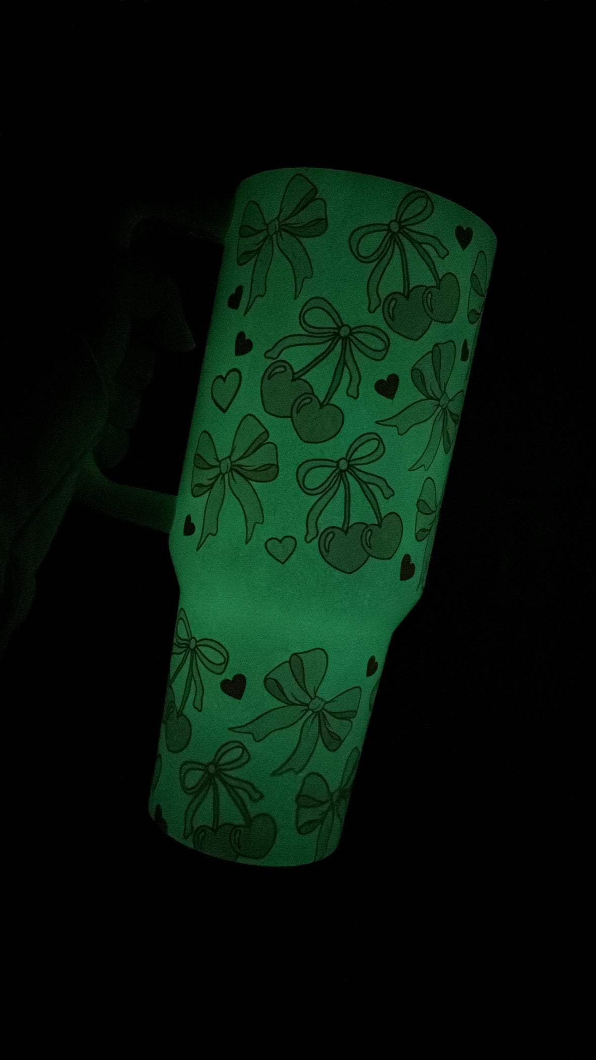 Coquette Bows and Cherries 40oz Glow In the Dark tumbler with handle