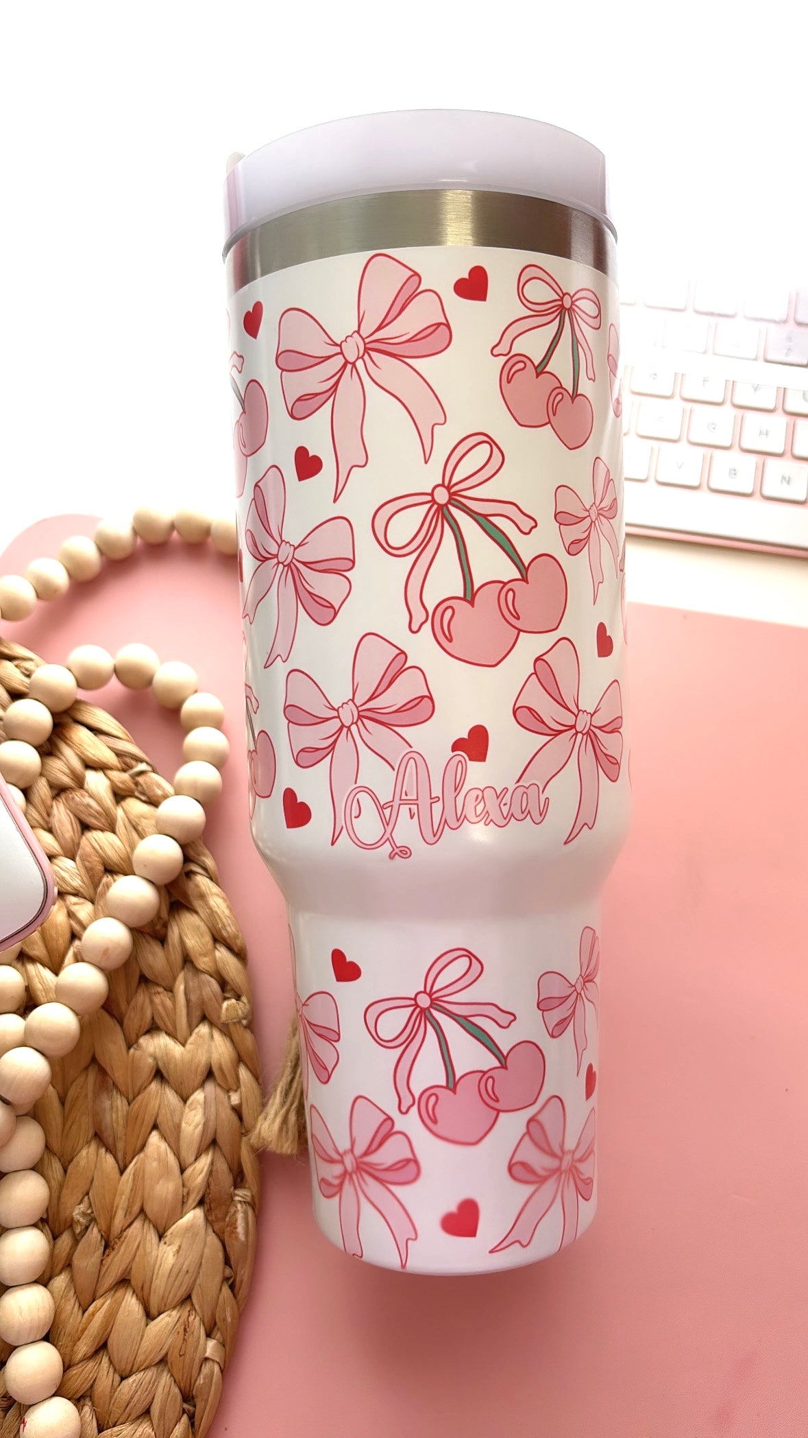 Coquette Bows and Cherries 40oz Glow In the Dark tumbler with handle